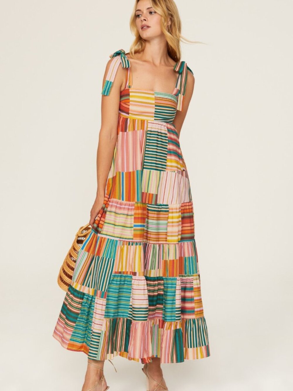 Alemais Sloane Tiered Midi Dress in Multi Stripe Size 0 NWT